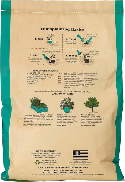 Down To Earth All Natural Fertilizers Organic Bio-Fish - Plant Food for Corn, Broccoli, Kale, Trees and Shrubs 7-7-2, 25 lb