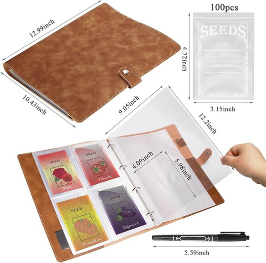 Garden Seed Storage Organizer Binder: 100 Resealable Envelopes + 25 Sheet 100 Pockets Protectors | Durable Organizer for Seed Packets, Saving & Planting - Brown