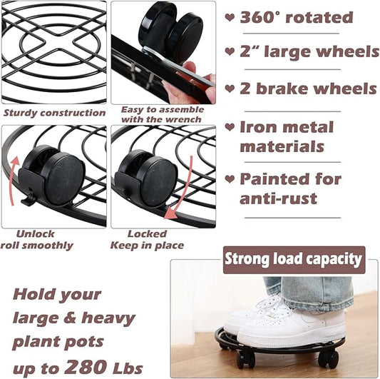 15.8" Metal Plant Caddy with Wheels 5 Packs Extra-large Rolling Plant Stands Wheeled Plant Dolly Heavy-duty Pot Mover Roller Base Indoor Outdoor Plant Trolley Cart with Brake Water-proof, Black