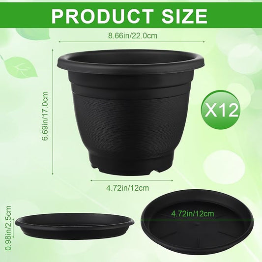 12 Pack 8+'' Plastic Plant Pots Round Planter Pots with Saucer Tray Seedling Pot Hole Seed Resin Plant Pot Starting Nursery Flower Container with Pallet for Garden Outdoor Indoor(Black)