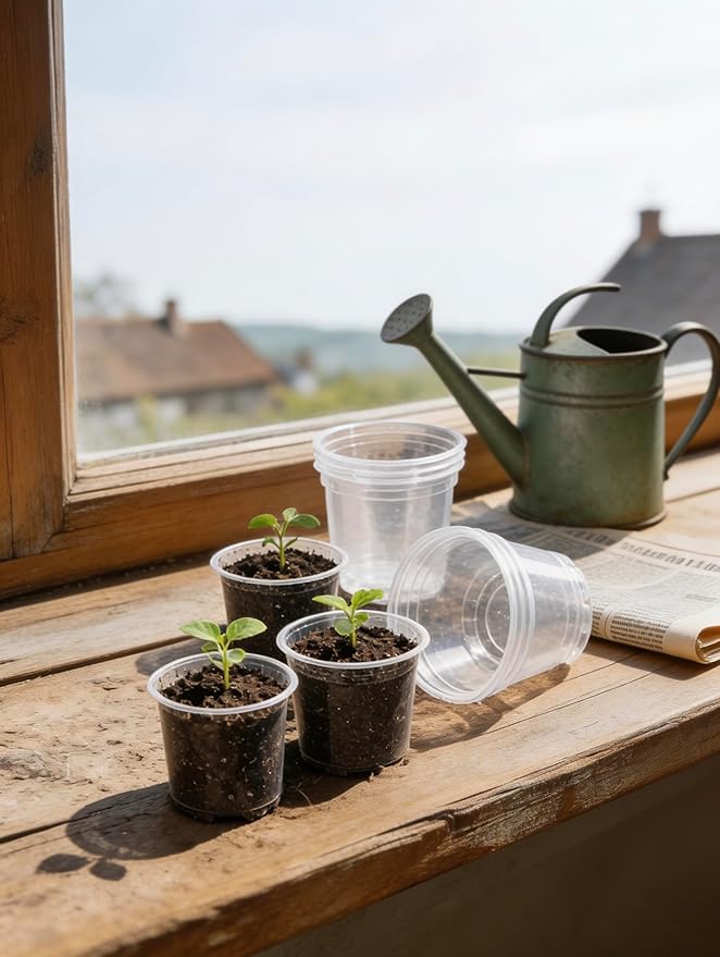 JOPY Plant Nursery Pots with Humidity Dome Seed Starter Pots Seedlings Planting Pots Small Planter Containers with Drainage Holes (Transparent, 5/6/7 inch-30Pcs)
