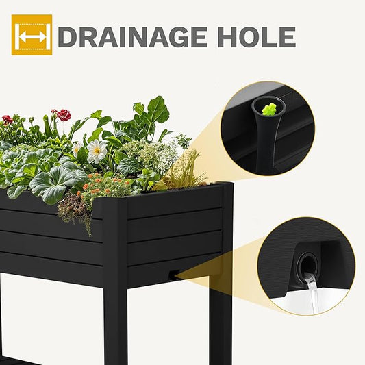 DWVO Raised Garden Bed Kit, 3.6 x 1.5 x 2.8 FT Outdoor Plastic Planter Box with Wheels and Legs, Garden Box with Drain Plug & Storage Shelf for Planting Vegetables, Flowers, and Herbs, Black
