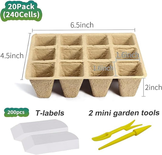 360 Cells Seed Starter Tray, 30 Pack Biodegradable Peat Pots with 200 Labels, Plant Starter Kit for Seedlings