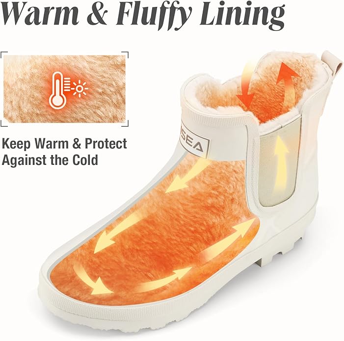 HISEA Women's Plush Rain Boots Waterproof, Chelsea Rubber Booties Women, Ladies Ankle Snow Boots for Winter Spring Garden Outdoor