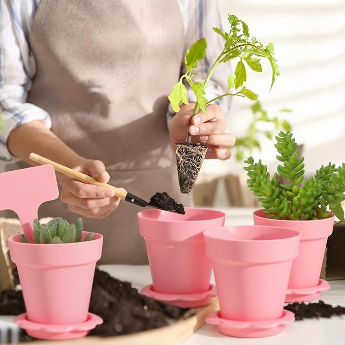 36 Packs Cupcake Plant Nursery Pots with Humidity Dome Small Flower Pots Plastic Planting Containers Cups with Saucers and Shovel for Indoor Outdoor Plant Succulent Display (Pink)