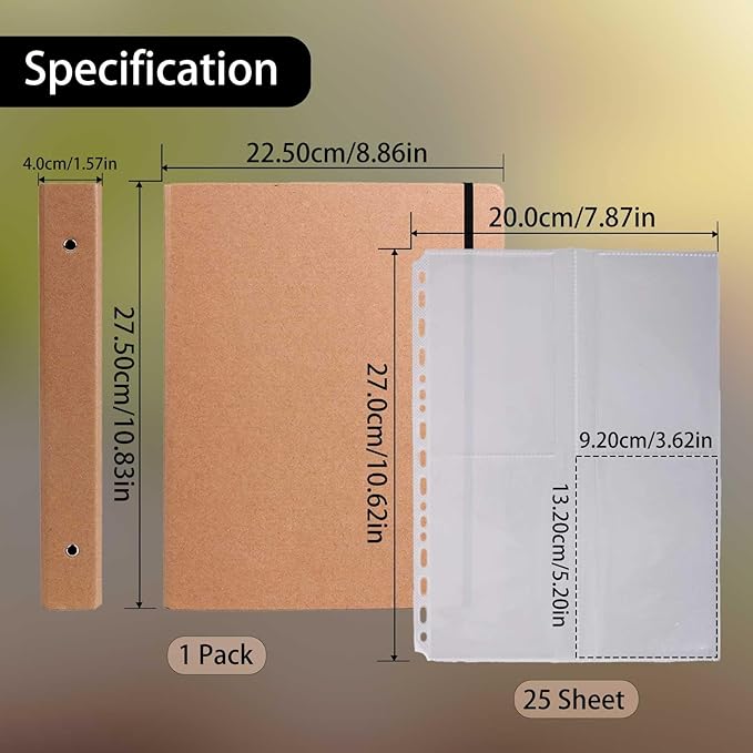 PABCK 100 Pockets Kraft Paper Binder Sheet Garden Seeds Packet Storage Book 4 Side Loading (Slot Size 3.62x5.19 inch) Plastic Clear 25 Sheet Protector Seed Envelopes Organizer Photo Album Card Sleeves
