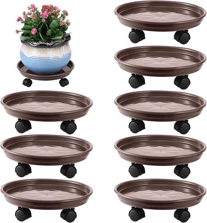 8 Packs Plant Caddy With Wheels 12" Plastic Rolling Stands Heavy-Duty Dolly With Casters Indoor and Outdoor Roller Base Large Heavy Pot Saucers Plant Mover, Brown