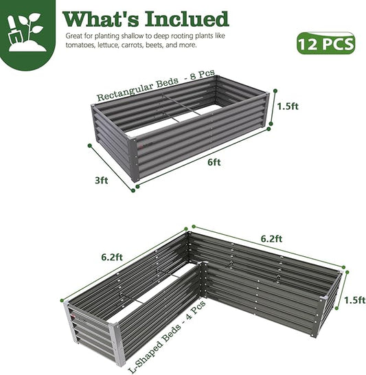 A ANLEOLIFE 12-Piece 18 Inch Tall Raised Garden Beds Kit, Rectangular & L-Shaped Combo Metal Planters – Ideal for Backyard DIY Creative Layouts, Quartz Grey