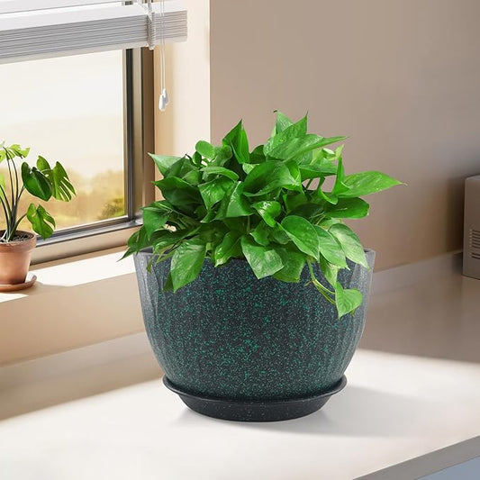 12/10/9 inch Plant Pots, 3 Pack Flower Pots for Outdoor Indoor Garden Plants, Large Planters with Multi Mesh Drainage Holes and Saucer (Black with Green Speckles, 12"+10"+9")