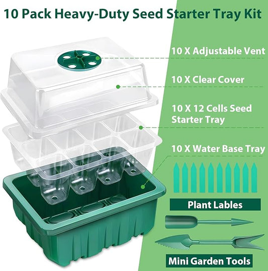 Sfee 10 Pack Seed Starter Tray Kit, 120 Cells Seedling Starter Trays with Humidity Dome and Base Greenhouse Growing Trays, Reusable Seed Germination Seedling Tray with Garden Tools Labels (Green)