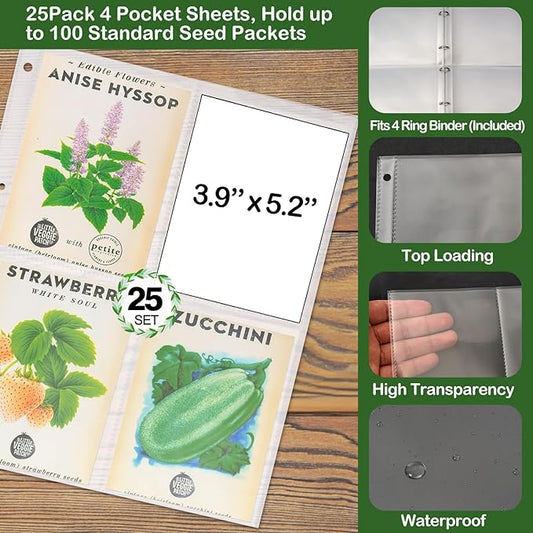 Seed Packet Organizer Kit - 100Pcs Seed Storage Envelopes, 1 Binder with 25 Pack Clear Sheet Protectors (4 Pockets Each, Slot Size 3.9" x 5.2"), Fit for Standard Seed Packets - Green