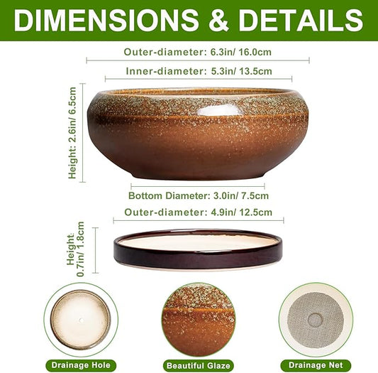 Succulent Pots - 6 Inch Ceramic Bonsai Pots with Drainage Hole and Tray, Succulent Planters for Indoor Outdoor, Shallow Round Planter, Cactus Pot, Desk Decor, Plant Lover Gifts, Retro Brown