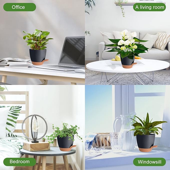Planters for Indoor Plants, 8/7/6.5/6/5.5/5 Inch Self Watering Plant Planters with Drainage Hole, Plastic Planters Flower Pots for Indoor Outdoor Plants (Black)