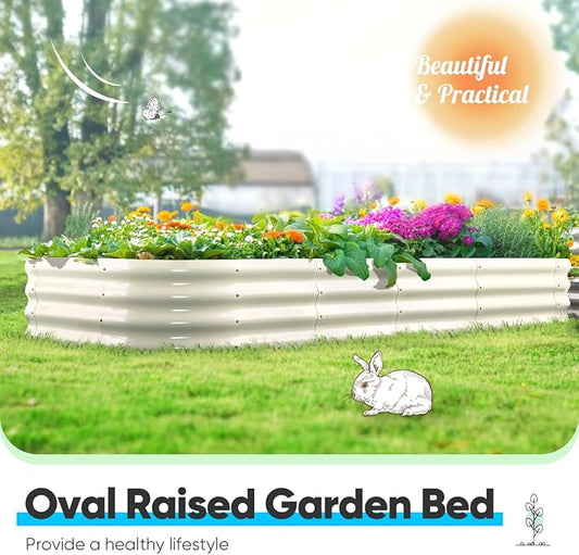 Quictent Galvanized Raised Garden Bed Kit, 6x3x1ft Oval Large Metal Outdoor Planting Box, Ground Planter Strengthened by Crossbar, Beige