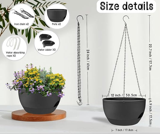 2 Pack 12 Inch Self Watering Hanging Planters for Indoor Plants, Large Black Plastic Hanging Pots with Chains for Outdoor Patio Garden Home Decor Black