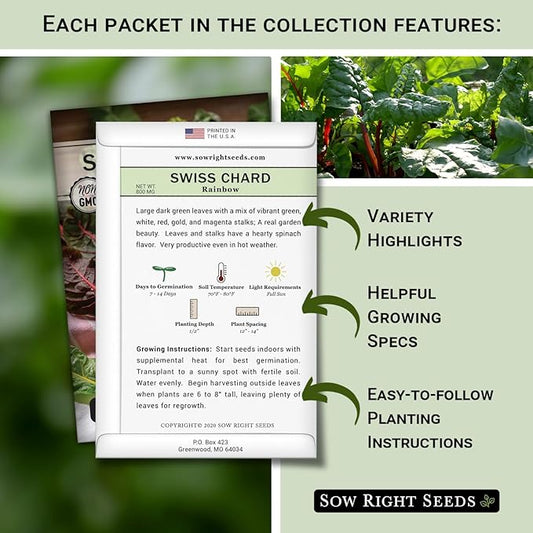 Sow Right Seeds - Swiss Chard Seed Collection for Planting - Includes Rainbow, Fordhook, Ruby Red - Non-GMO Heirloom Varieties - Perfect for a Vegetable Garden - Grow Your Own Leafy Greens