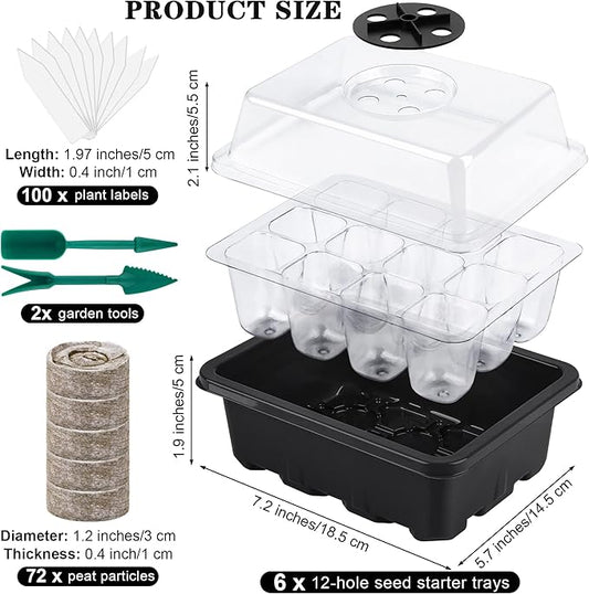 6 Pack 12-Cells Seed Starter Tray Kit with Humidity Dome and Base, Germination Tray Including Peat Pellets, Plant Labels, Tool, Plastic Plant Seedling Starter Trays for Indoor Outdoor, Black