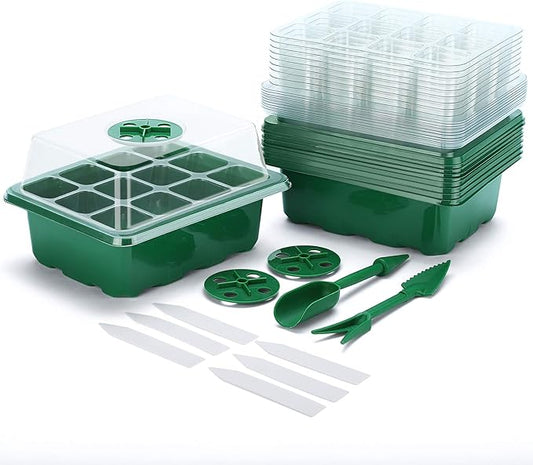 Delxo 10-Pack Seed Starter Kit Seedling Starter Tray (12 Cells) Humidity Adjustable Plant Germination Kit Garden Seed Starting Tray with Dome and Green Base Plus Plant Tags Hand Tool Kit