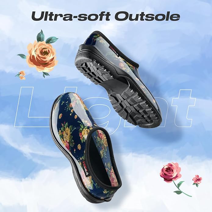 HISEA Waterproof Garden Shoe for Women Outdoor Slip-On Garden Clogs Rubber Rain Boots Short Ankle Booties Rain Shoes with Comfort Insole