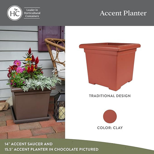 The HC Companies 12.5 Inch Accent Square Plant Pots with Drainage, Lightweight UV-Resistant Plastic Planters for Indoor & Outdoor Plants, 2-Pack Flower Pots for Garden, Office & Home Decor, Clay