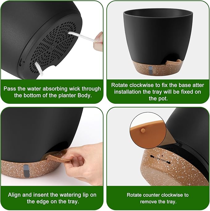 Self-Watering Plant Pots with Water Level Indicator, Drainage Holes & Saucers โ 12/10/9 Inch Large Plastic Planter Set for Indoor & Outdoor Plants(Black)
