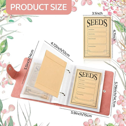 Seed Storage Organizer Binder, Leather Seed Sleeves Binder with 50 Pack Seed Envelopes, Garden Seeds Storage Organizer, Vegetable Seed Saver, Flower Seed Keeper, Pink, 3.1 x 4.7 Inch Seed Envelopes