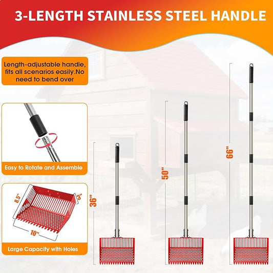 Heavy Duty Chicken Poop Scooper & Rake 2 in 1,Adjustable Angle Handle Chicken Coop Metal Litter Scoop & Sand Sifting Shovel,Pooper Scooper for Dog,Cat,Poultry,Farm Animals,34"-66"