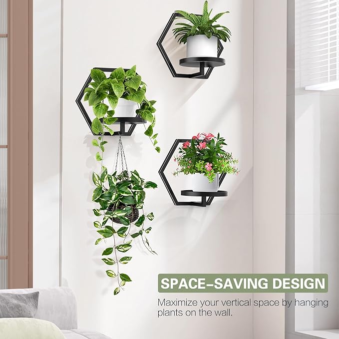 3 Packs Wall Planters for Indoor Plants, JOPBENG 7.9inch Metal Wall Plant Holder Hanger Wall Decor, Wall-Mounted Hanging Planters Window Plant Shelves Outdoor(Black)