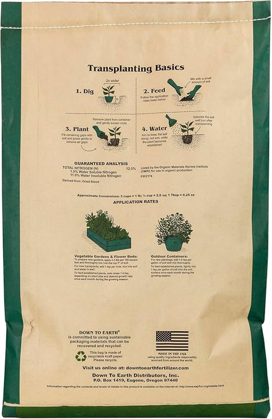 Down To Earth All Natural Fertilizers Organic Blood Meal - High Nitrogen Plant Food for Green Growth 12-0-0, 20 lb