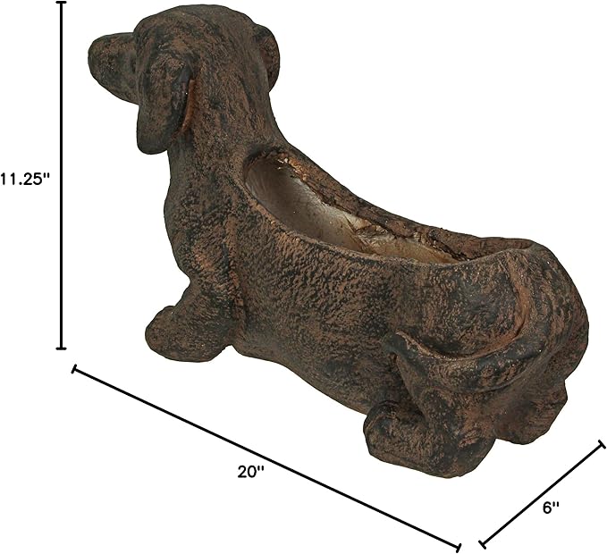 Whimsical Dachshund Dog Resin Planter: Rustic Brown Finish, Indoor-Outdoor Decor, 20 Inches Long, Weather-Resistant Succulent, Herb, and Flower Plant Pot