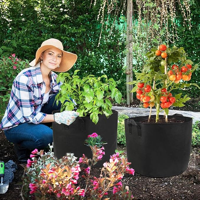 LotFancy 5-Pack 10 Gallon Grow Bags, Thickened Nonwoven Aeration Fabric Pots with Reinforced Handles, Heavy Duty Gardening Planter Containers for Vegetables Flowers Fruits, Black