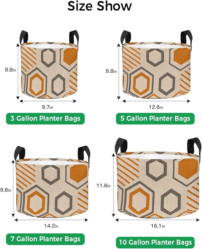 10 Gallon Grow Bags Vintage Geometric Orange and Grey Stripe - Thickened Garden Planting Bag with Handles,Hexagon Art on Retro Burlap Felt Fabric Planter Pots for Vegetables Potato Tomato