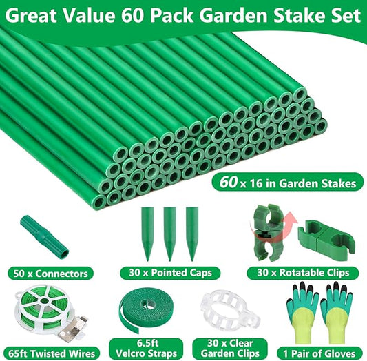 Lezmarket 60 Pack Garden Tomato Stakes(16" Each), Plant Support Stakes, DIY 4ft 5ft 6ft 7ft Sturdy Fiberglass Plant Sticks Support Garden Trellis for Growing Climbing Tomato Vegetables Flowers