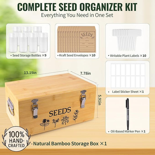Large Bamboo Wood Seed Storage Organizer Box with Lid,Double-Layer Seal Design Seed Saving Box with 304 Stainless Steel Safety Lock,Handles,Extra Seed Envelopes and Labels (Wood)