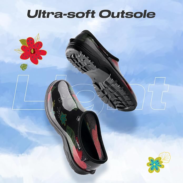 HISEA Waterproof Garden Shoe for Women Outdoor Slip-On Garden Clogs Rubber Rain Boots Short Ankle Booties Rain Shoes with Comfort Insole