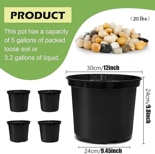 5 Gallon Pots with 20lbs Rocks, 12 Inch Plastic Nursery Pots with Drainage Holes, Round Sturdy Garden Pots with Stones, Deep Nursery Pots for Plants, Gardening Gifts for Women (10-Pack, Black)