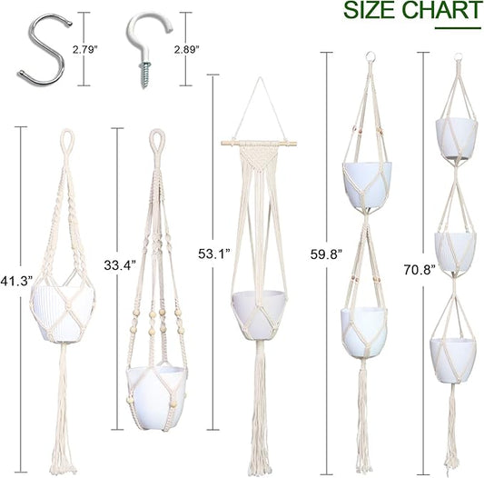 IGaiety Macrame Plant Hanger 5 Pcs Indoor Outdoor Hanging Plant Holders Handmade Plant Hangers Cotton Rope Planters with 5 Pcs Ceiling and S Hooks for Small Plants Pots Boho Home Decor