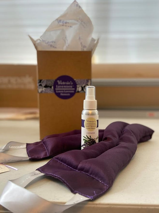 Victoria's Lavender Microwavable Neck Heating Pad with 2.5 Oz Linen Spray for Bedding – Heated Neck Wrap with Lavender Buds & Flax Seeds for Aromatherapy, Made in USA, Gift Box Set (2 Items)