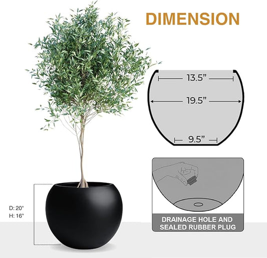 16" H x 20" D Globo Fiberstone Round Planter with Drainage Hole, Smooth Finishes, Weather Resistant for Indoor and Outdoor Use, Included 2 Extra Coco Mats (Black, 13.5" Pot Opening)