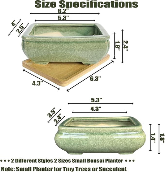 MUZHI 2pcs Green Ceramic Bonsai Planter Pots with Bamboo Tray 6.2 “ & 5.3”, Rectangular Glazed Bonsai & Succulent Cactus Starter Pot with Drainage Ice Crack Design