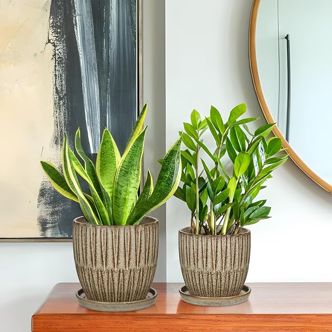 Oairse Ceramic Pots for Indoor Plants, 4.7 +5.7 inch Pots for Plants Set of 2 Brown Plant Pots with Drainage Holes and Saucers Texture Ceramic Planters Indoor Outdoor Flower Pot for Succulent