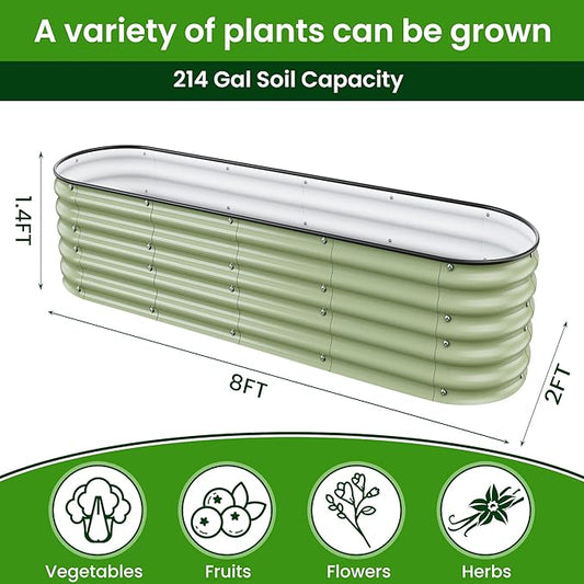 8 X 2 X 1.4 Ft Galvanized Raised Garden Bed,Sturdy and Easy to Assemble Oval Raised Planter Beds Outdoor for Vegetables, Gardening, Flowers, Fruits(Light Green)