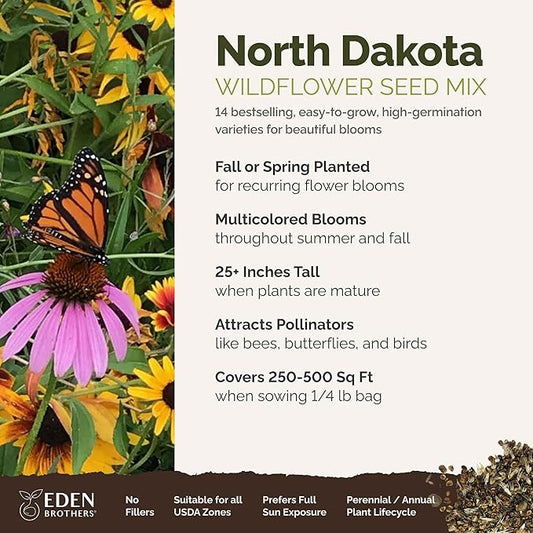 Eden Brothers North Dakota Wildflower Mixed Seeds for Planting, 1/4 lb, 120,000+ Seeds with Calendula, Sunflower | Attracts Pollinators, Plant in Spring or Fall, Zones