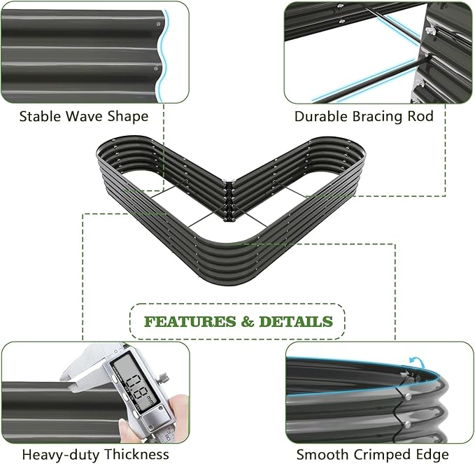 A ANLEOLIFE 6-Piece 18 Inch Tall Quartz Grey Raised Garden Beds Kit, Heart-Shaped & Long Oval Planters for Creative Garden Layouts.