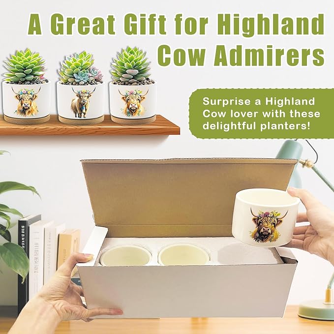 Highland Cow Planters for Indoor Plants – 1350°C Kiln-Fired Fine Ceramic Succulent Planter Set of 3, Cute Animal Pots for Room, Bathroom, Yoga, Meditation Decor (No Plant Included)