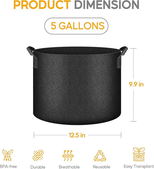 YSSOA 10-Pack Fabric Grow Bags 5 Gallon with Pruner, 300G Thickened Nonwoven Plant Growing Pots with Handles, Planting Bags for Vegetables, Black