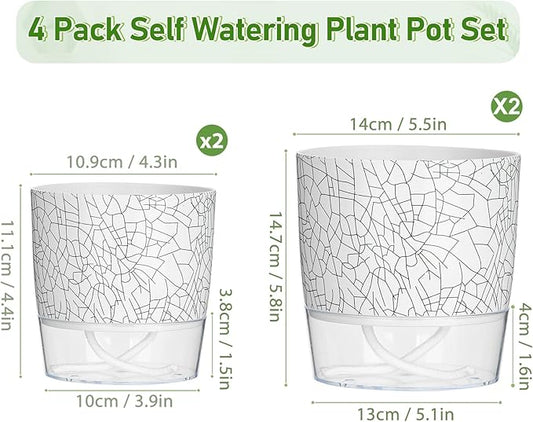 Self Watering Pots for Indoor Plants, 4/5.5 Inch Crackle Pattern Planters with Clear Water Reservoir & Wick System, 4 Pack Plastic Flower Pots for Succulents, Herbs, African Violets