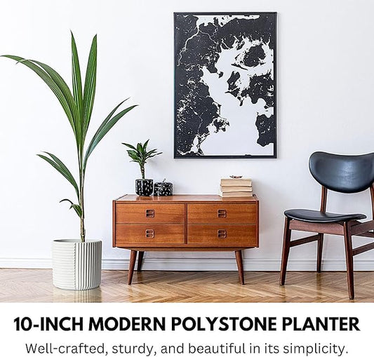 Fox & Fern 10 Inch Plant Pot with Drainage Plug — Premium Polystone White Plant Pot - Modern Planter with 3D Texture and Ceramic Finish - 10 Inch Pots for Plants Indoor & Outdoor