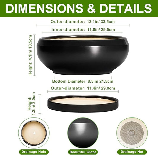 Bonsai Pots 13 Inch - Large Ceramic Succulent Pots with Drainage Hole and Tray, Round Planter Bowl Indoor Outdoor, Modern Shallow Planters, Home Living Room Decor, Gardening Gifts, Black