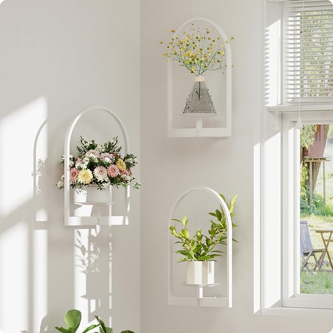 White Metal Wall Plant Holder - 3-Pack Wall Mounted Plant Stands and Hanging Holders for Indoor Planter and Flower Pot - Arch Decor Shelf for Plant Storage (Pot Not Included)